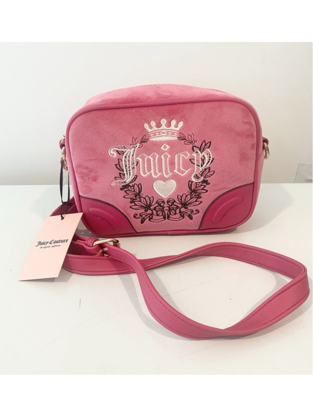 NWT Juicy Couture Heritage Crossbody Bag Pink Flash Velour Embroidered Y2K Style
